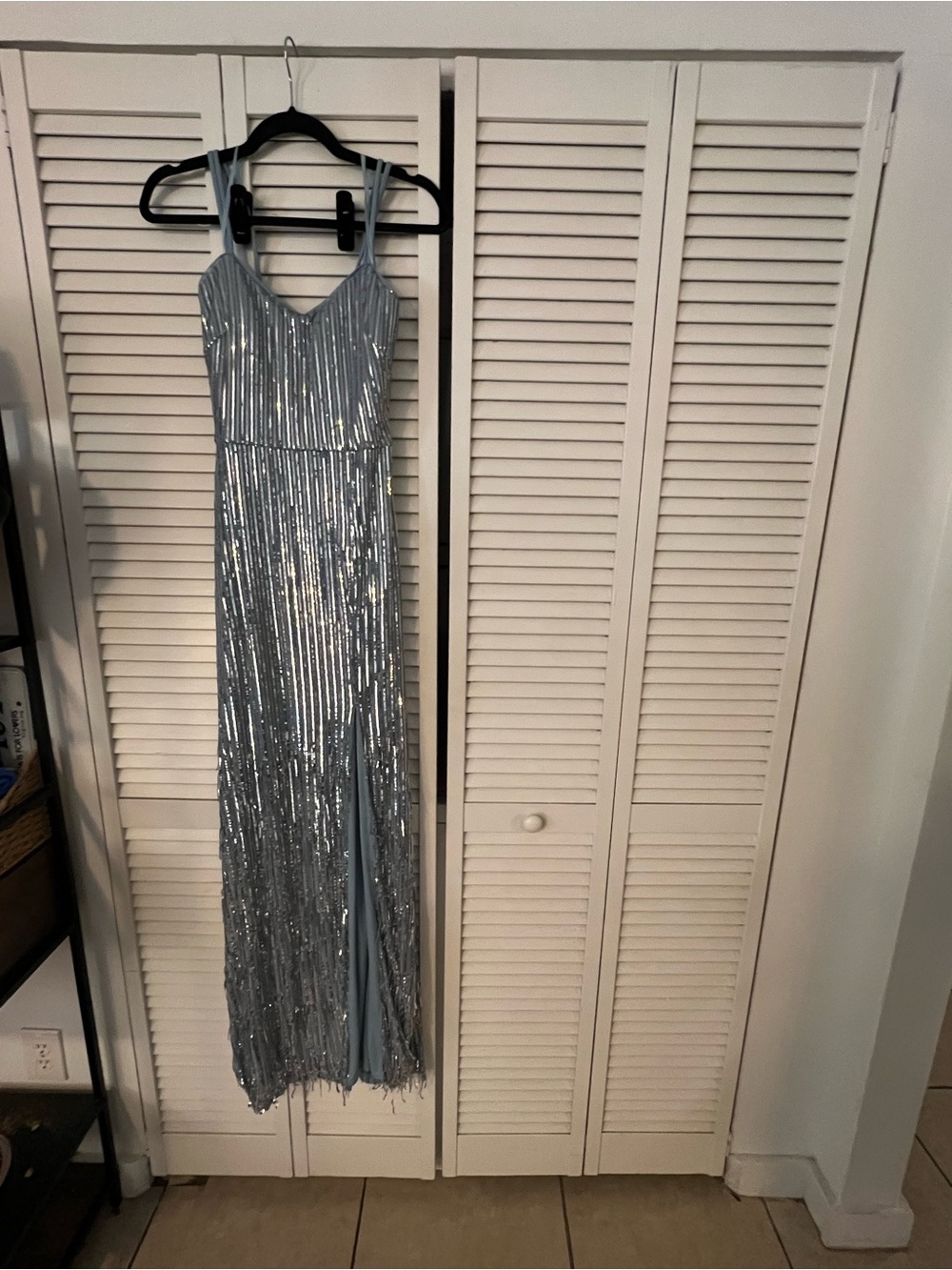 Aqua Silver/ light blue Sequin V-Neck Prom Gown